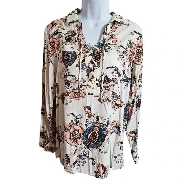 Chico’s Small (0) Beige Blue Floral Lace-Up Blouse Boho Western Collared Top - Picture 2 of 8